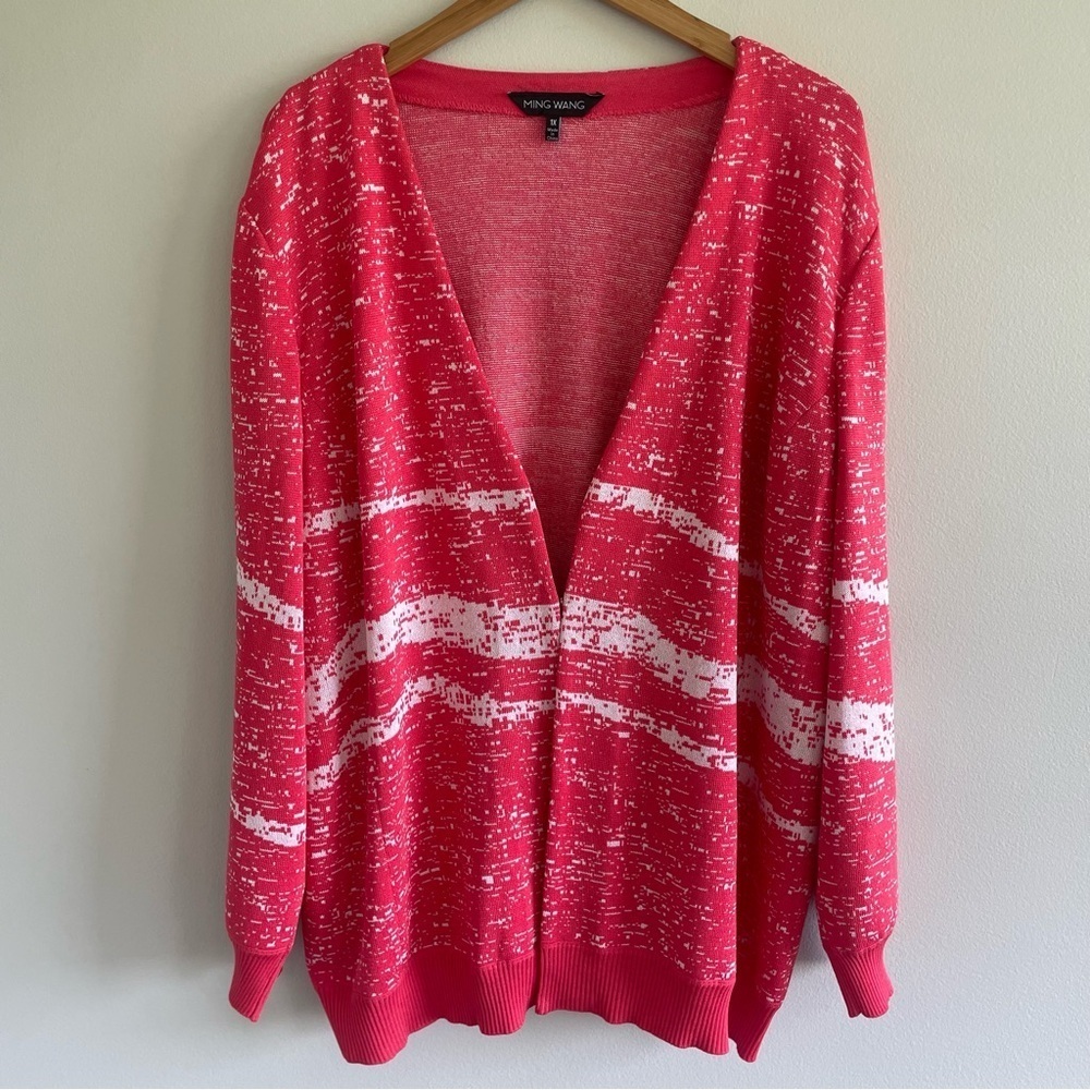 Ming Wang Women's Abstract V-Neck Knit Jacket Flamenco White Size 1X